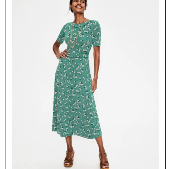 Boden Ava Jersey Midi Dress Forest/Chalky Pink Daisy Spring Women's 12 Tall** - Picture 2 of 15